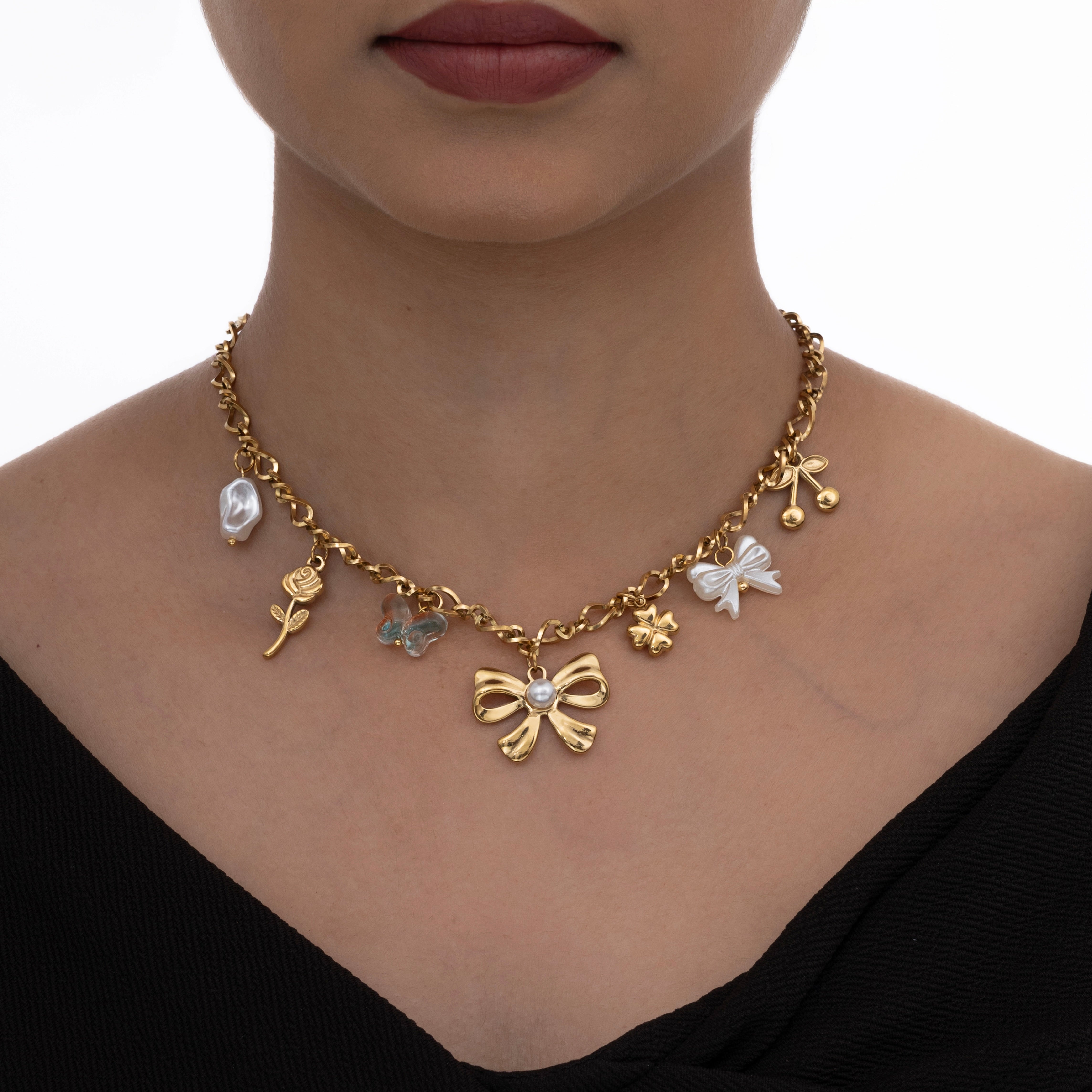 Golden Ribbon Pearl Charm Necklace