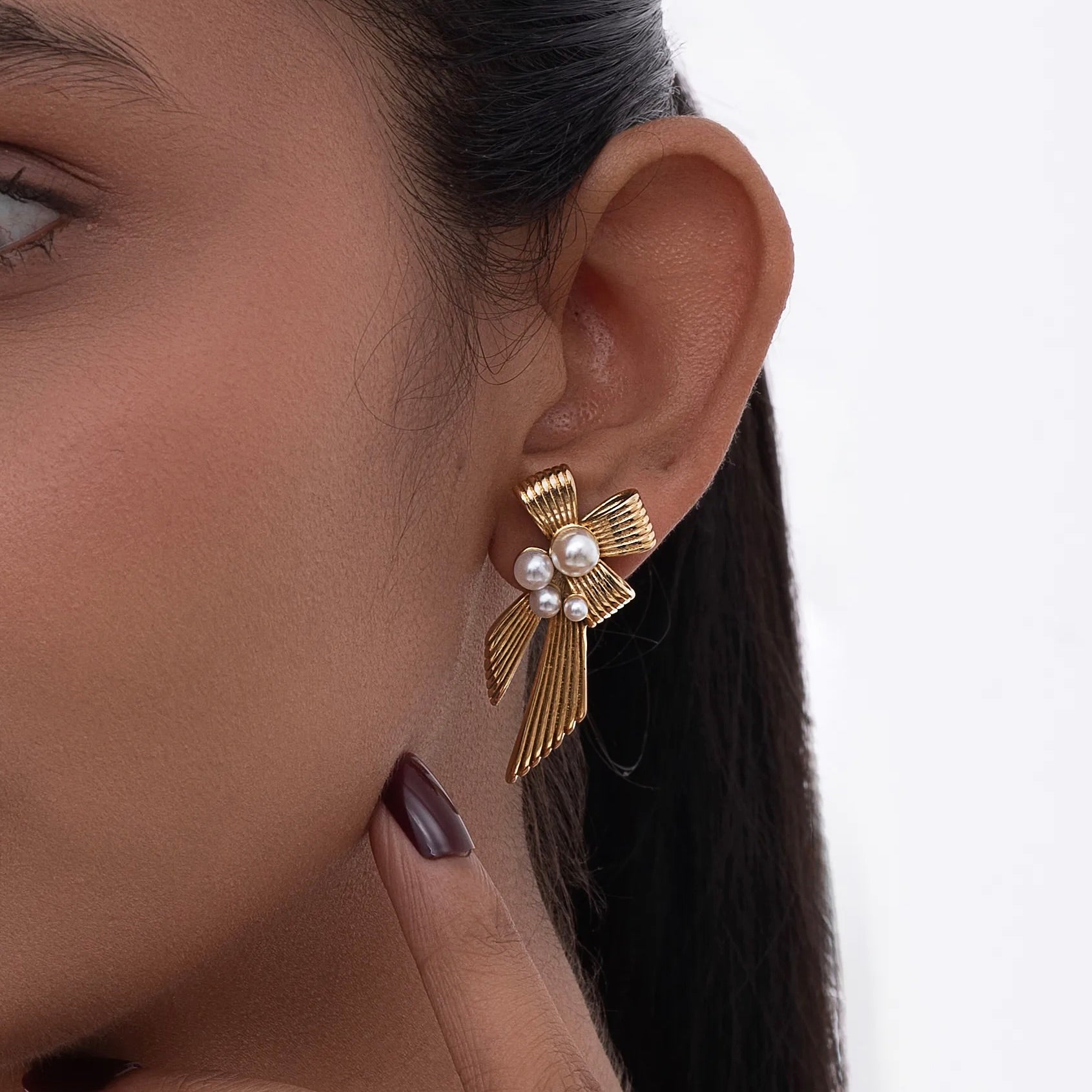 Striped Ribbon and Pearl Earrings
