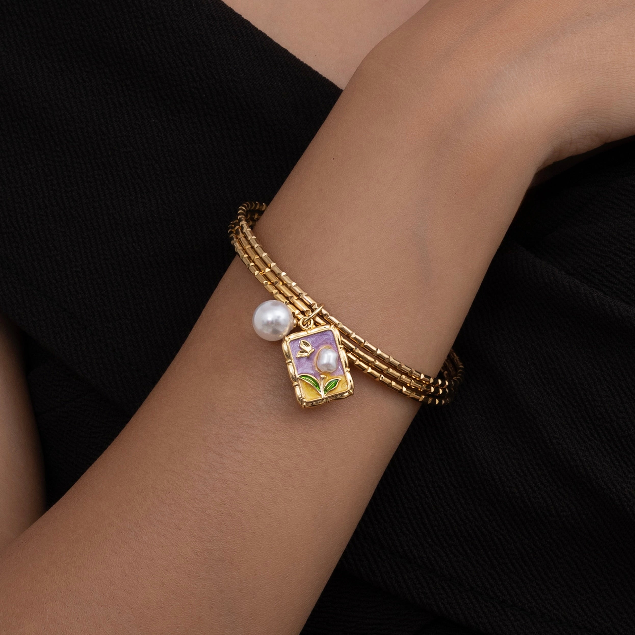 Triple Band Floral Charm Bangle